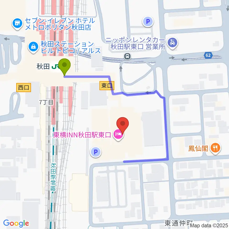 AL☆VEシアターの最寄駅秋田駅からの徒歩ルート（約3分）地図