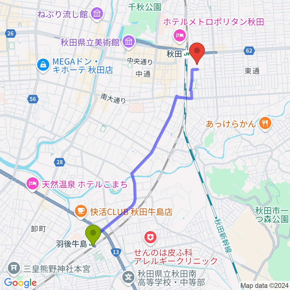 羽後牛島駅からAL☆VEシアターへのルートマップ地図