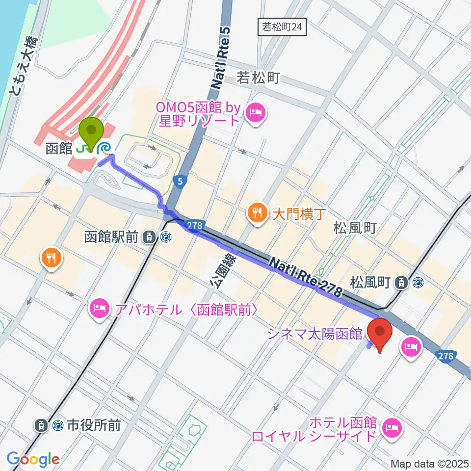 函館駅からシネマ太陽函館へのルートマップ地図