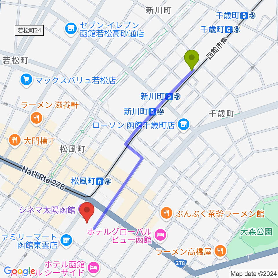 新川町駅からシネマ太陽函館へのルートマップ地図