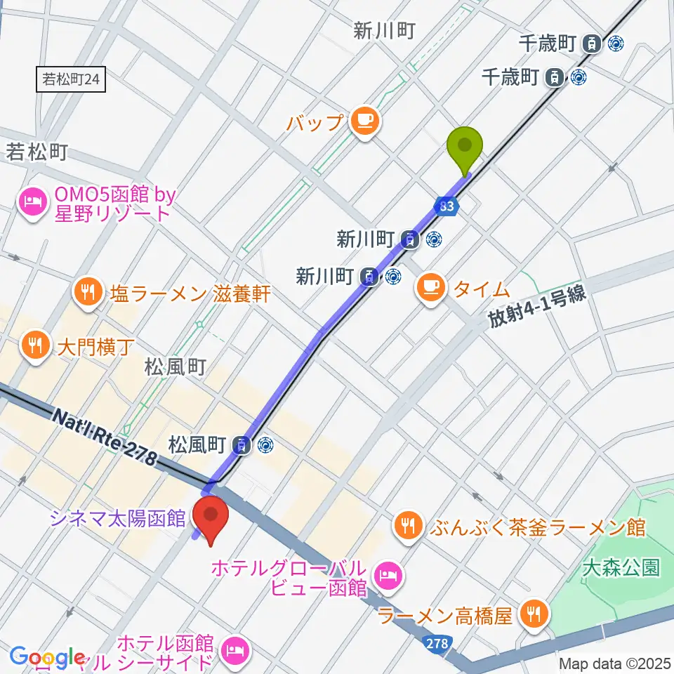 新川町駅からシネマ太陽函館へのルートマップ地図