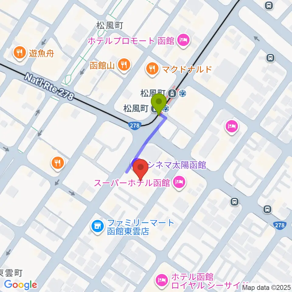 シネマ太陽函館の最寄駅松風町駅からの徒歩ルート（約2分）地図