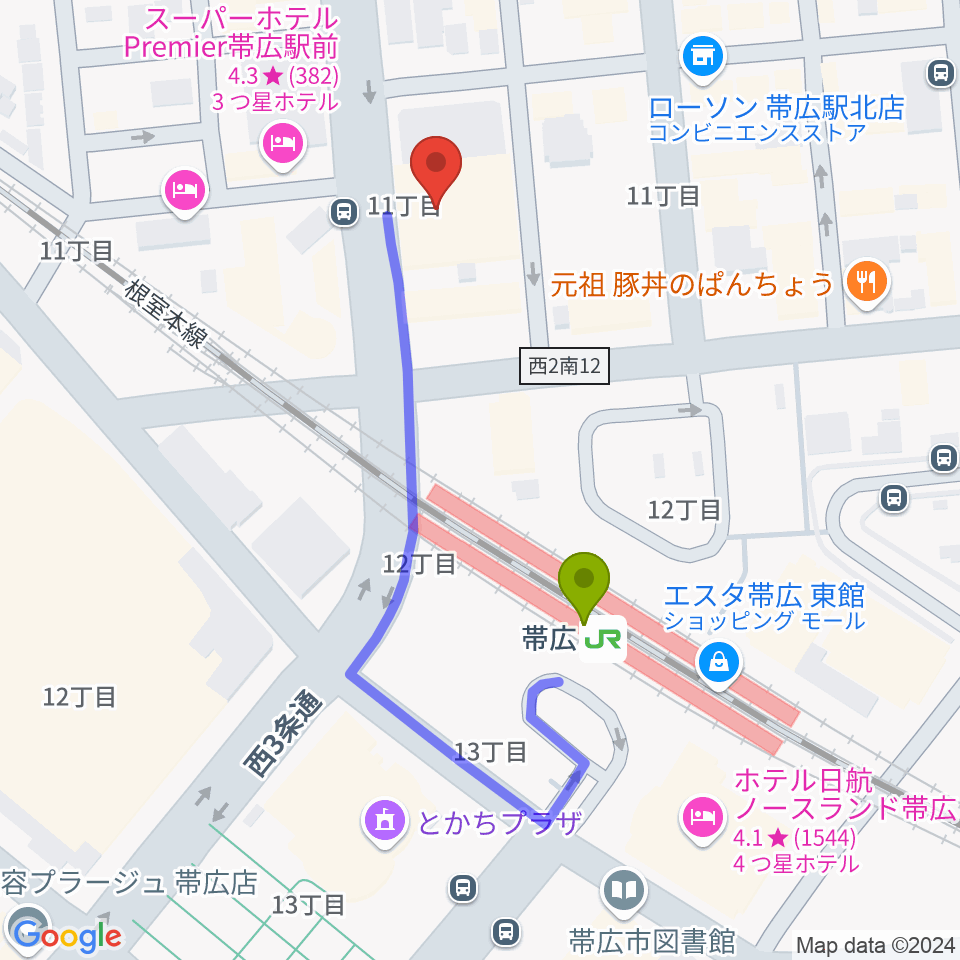 シネマ太陽帯広の最寄駅帯広駅からの徒歩ルート（約3分）地図