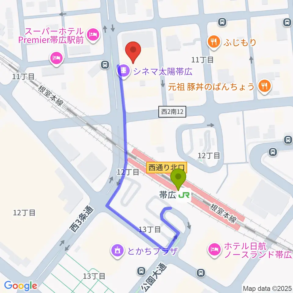 シネマ太陽帯広の最寄駅帯広駅からの徒歩ルート（約3分）地図