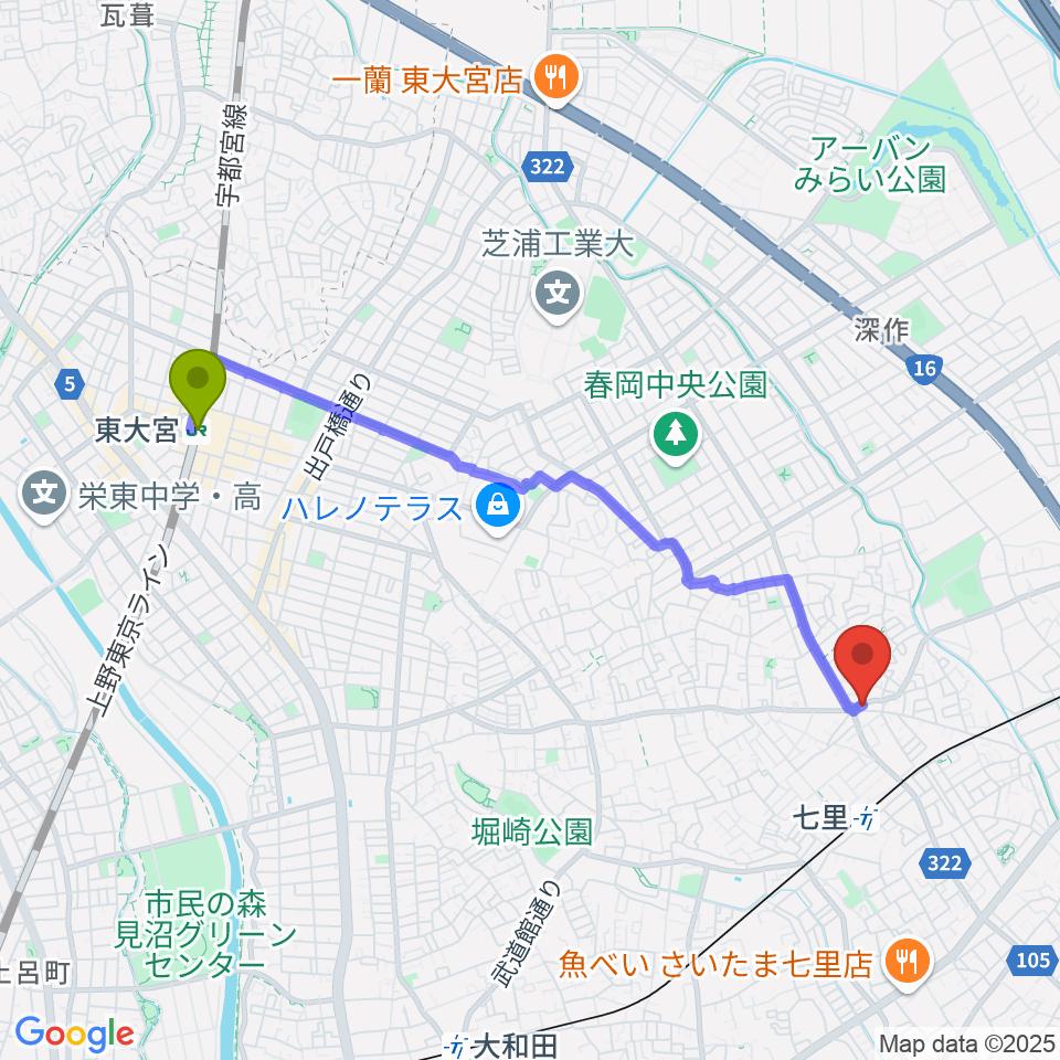 東大宮駅からNAGAMIピアノ教室へのルートマップ地図