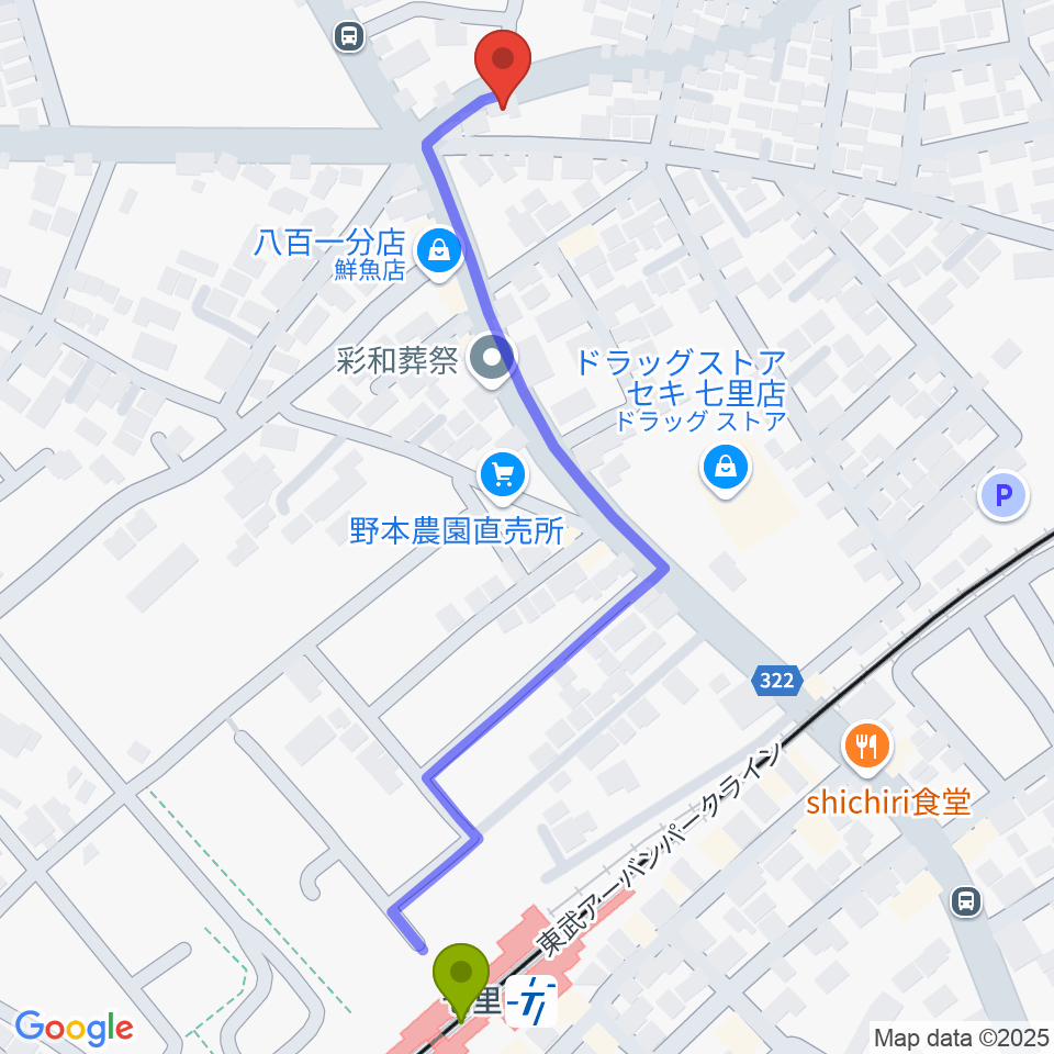 NAGAMIピアノ教室の最寄駅七里駅からの徒歩ルート（約7分）地図