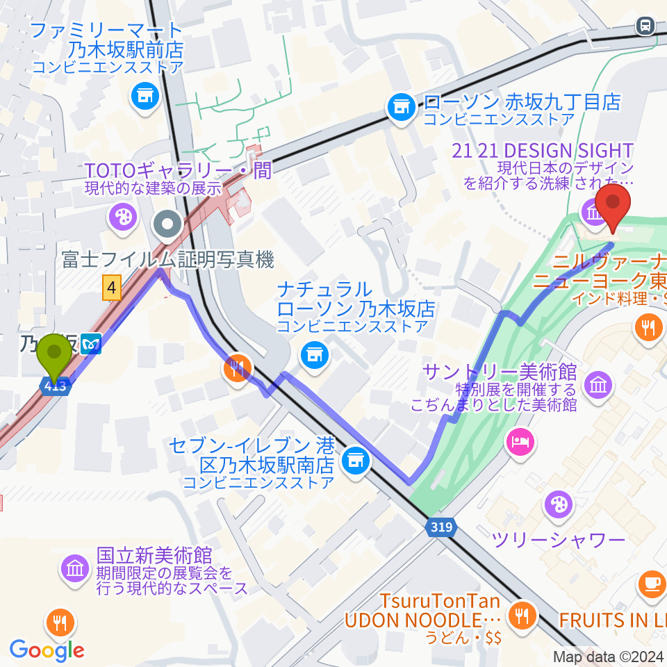 21_21 DESIGN SIGHTの最寄駅乃木坂駅からの徒歩ルート（約7分）地図