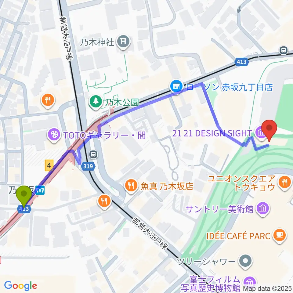 21_21 DESIGN SIGHTの最寄駅乃木坂駅からの徒歩ルート（約7分）地図