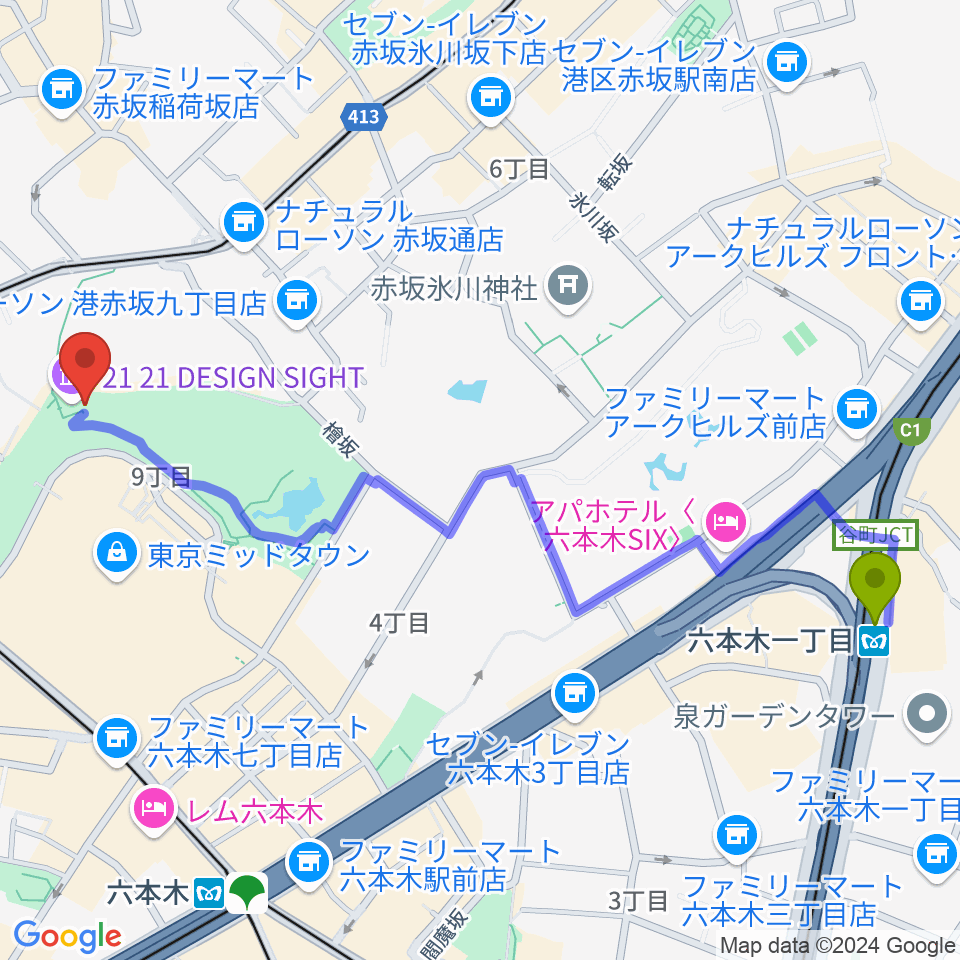 六本木一丁目駅から21_21 DESIGN SIGHTへのルートマップ地図