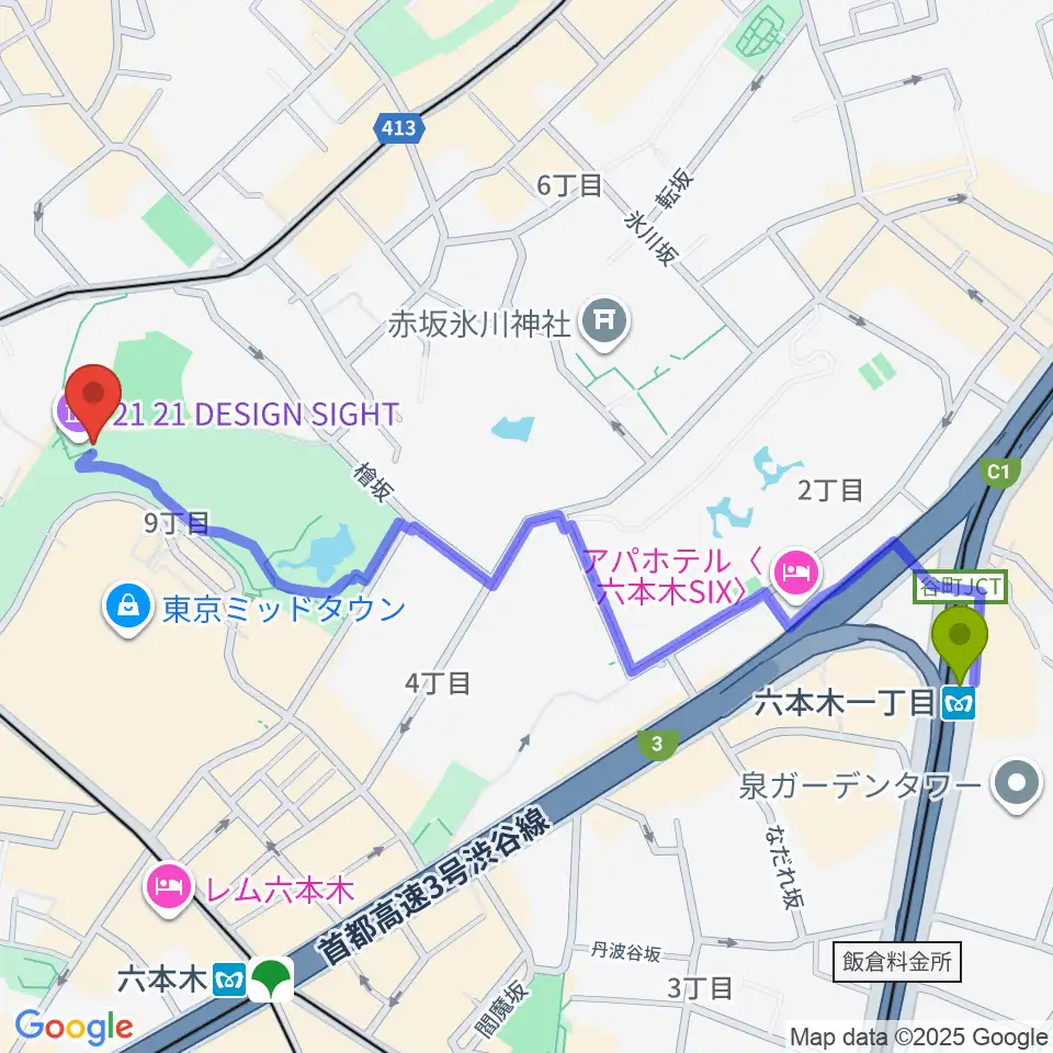 六本木一丁目駅から21_21 DESIGN SIGHTへのルートマップ地図