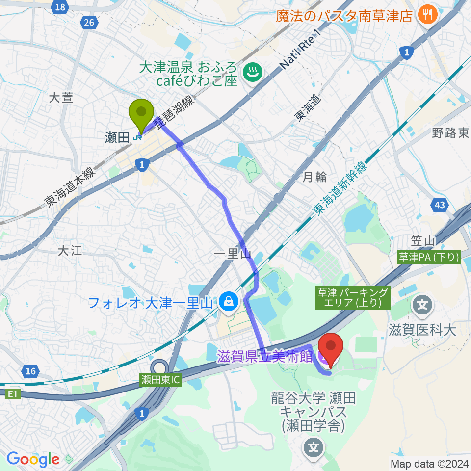 滋賀県立美術館の最寄駅瀬田駅からの徒歩ルート（約40分）地図