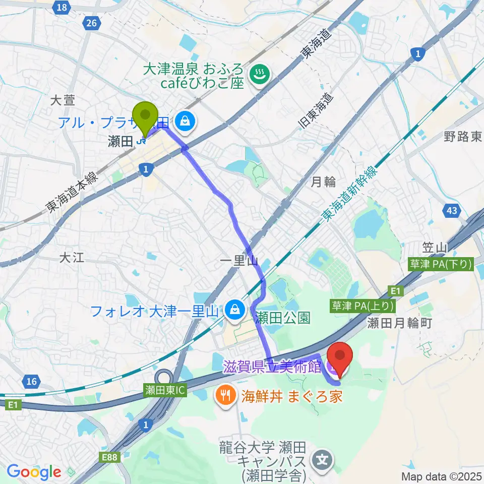 滋賀県立美術館の最寄駅瀬田駅からの徒歩ルート（約40分）地図