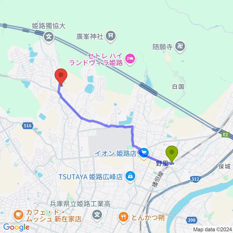 和’on Music Studioの最寄駅野里駅からの徒歩ルート（約36分）地図