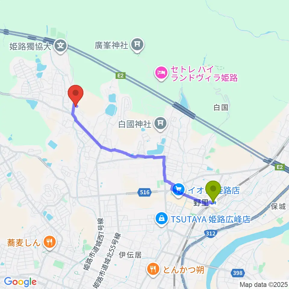 和’on Music Studioの最寄駅野里駅からの徒歩ルート（約36分）地図
