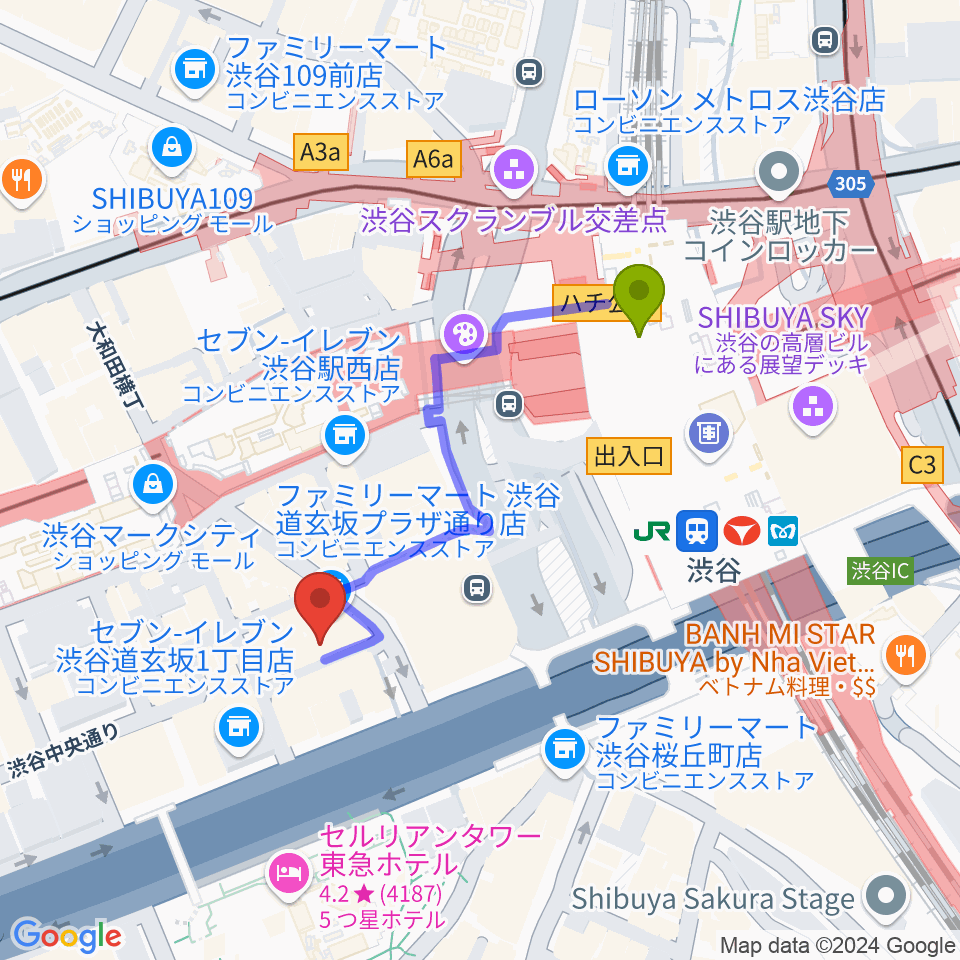 イケシブ 池部楽器渋谷店の最寄駅渋谷駅からの徒歩ルート（約4分）地図