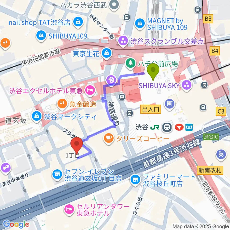 イケシブ 池部楽器渋谷店の最寄駅渋谷駅からの徒歩ルート（約4分）地図