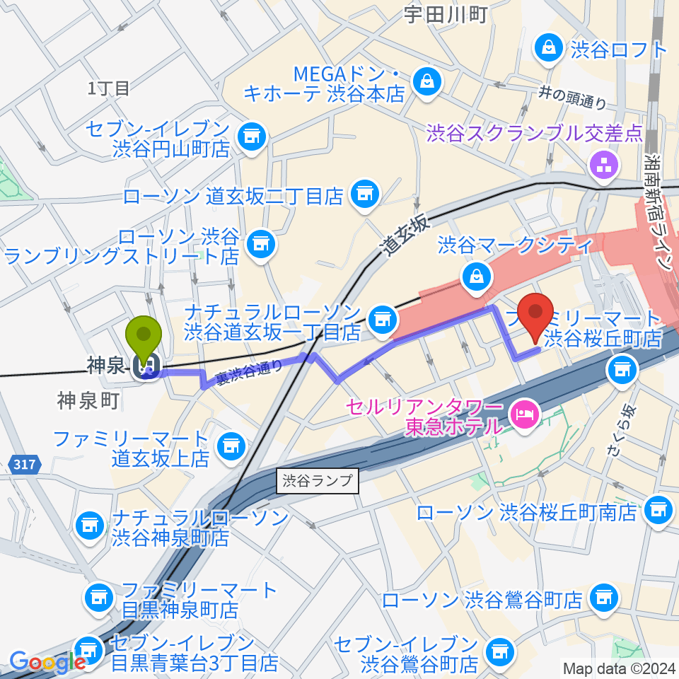 神泉駅からイケシブ 池部楽器渋谷店へのルートマップ地図