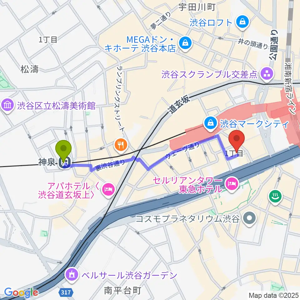 神泉駅からイケシブ 池部楽器渋谷店へのルートマップ地図