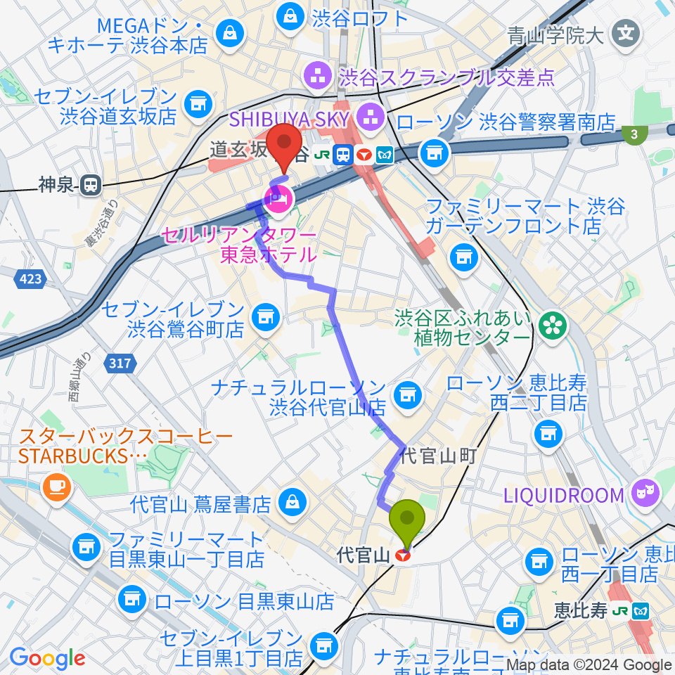 代官山駅からイケシブ 池部楽器渋谷店へのルートマップ地図