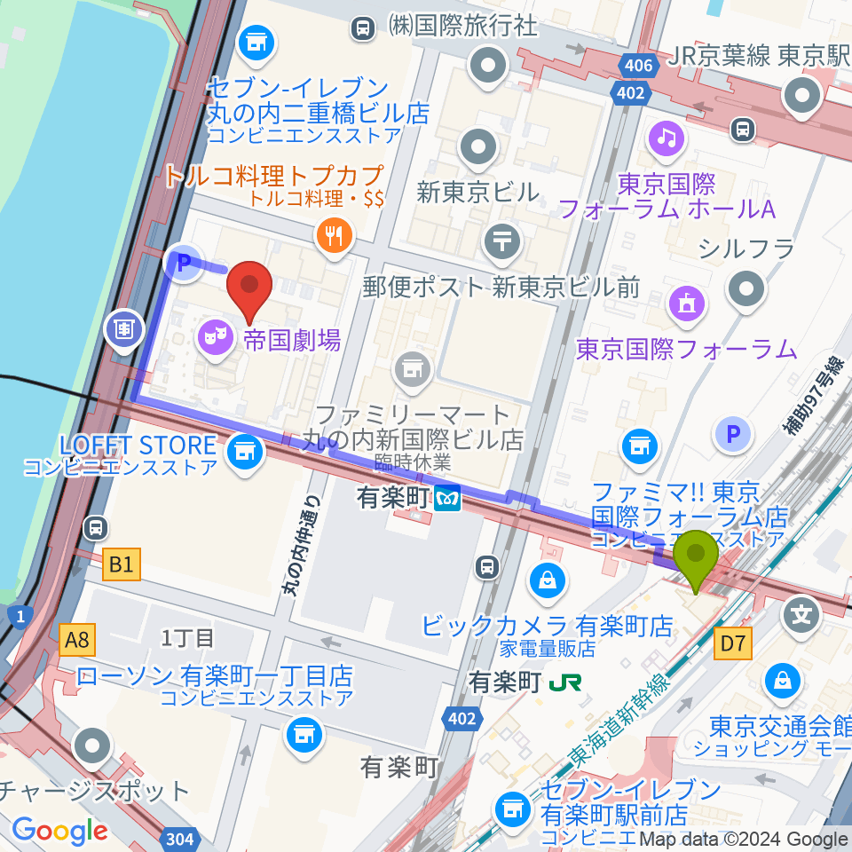 有楽町駅から出光美術館へのルートマップ地図