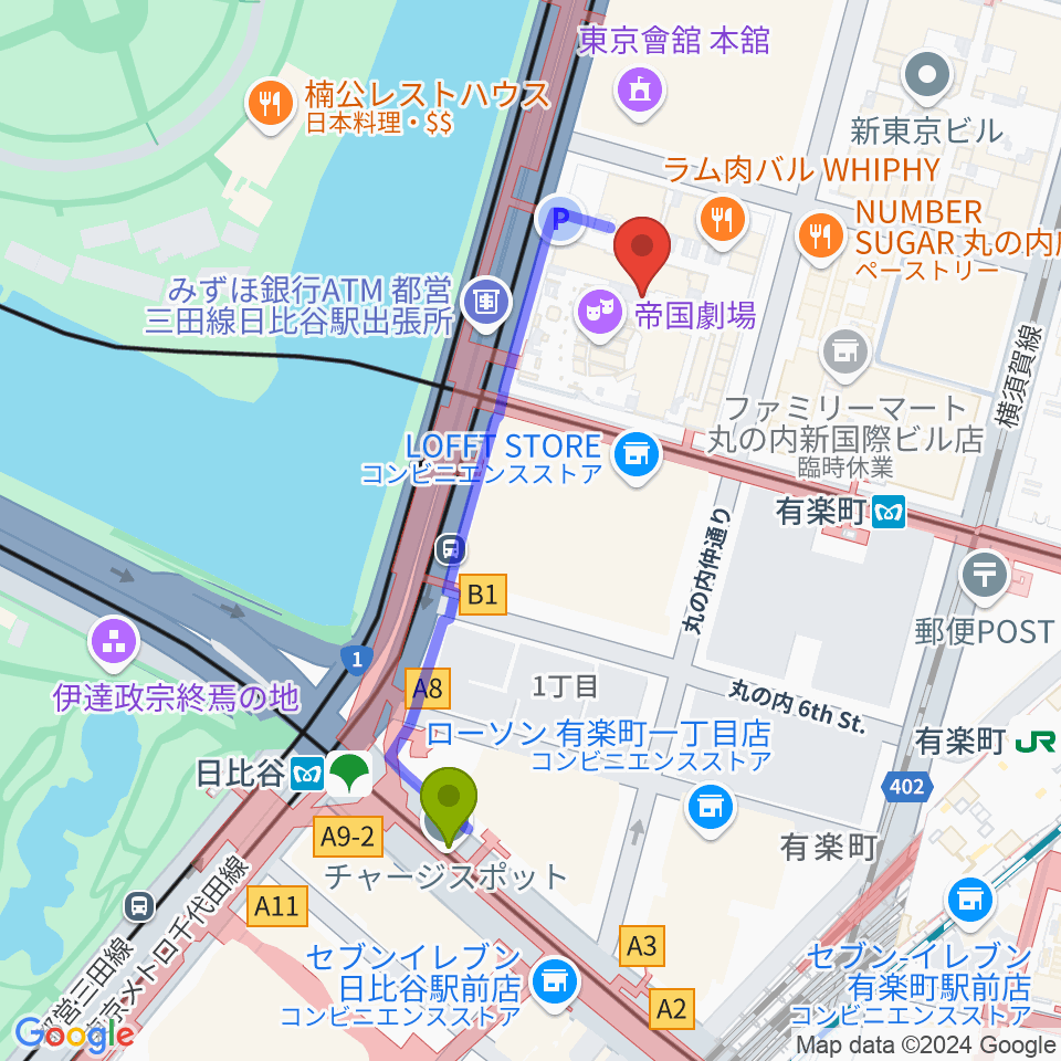 出光美術館の最寄駅日比谷駅からの徒歩ルート（約4分）地図