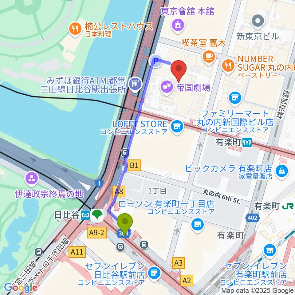 出光美術館の最寄駅日比谷駅からの徒歩ルート（約4分）地図