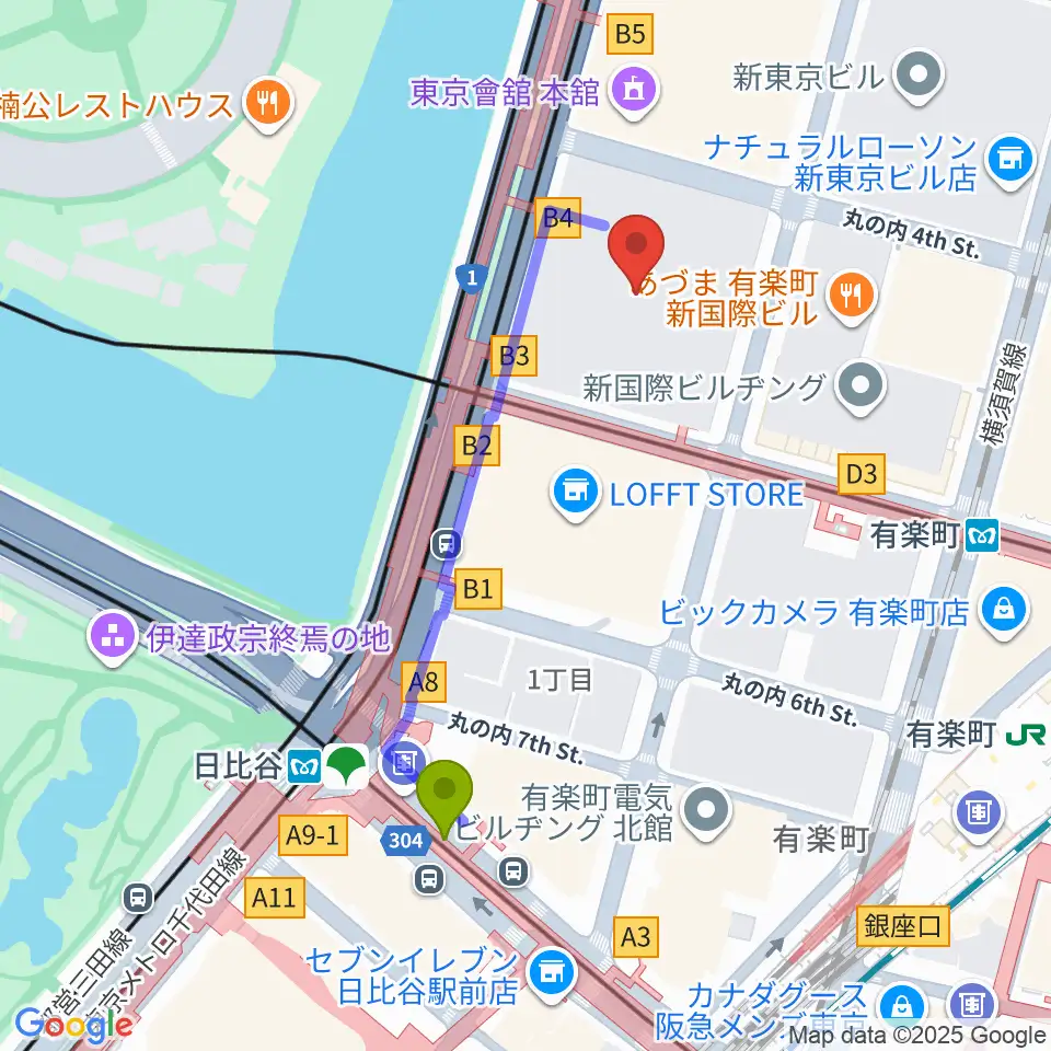 出光美術館の最寄駅日比谷駅からの徒歩ルート（約4分）地図