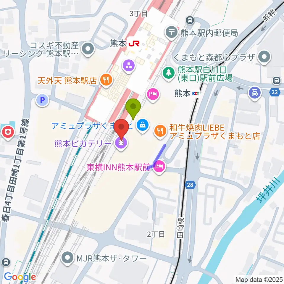 熊本ピカデリーの最寄駅熊本駅からの徒歩ルート（約1分）地図