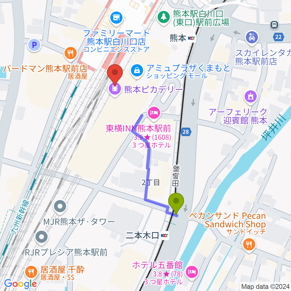 二本木口駅から熊本ピカデリーへのルートマップ地図