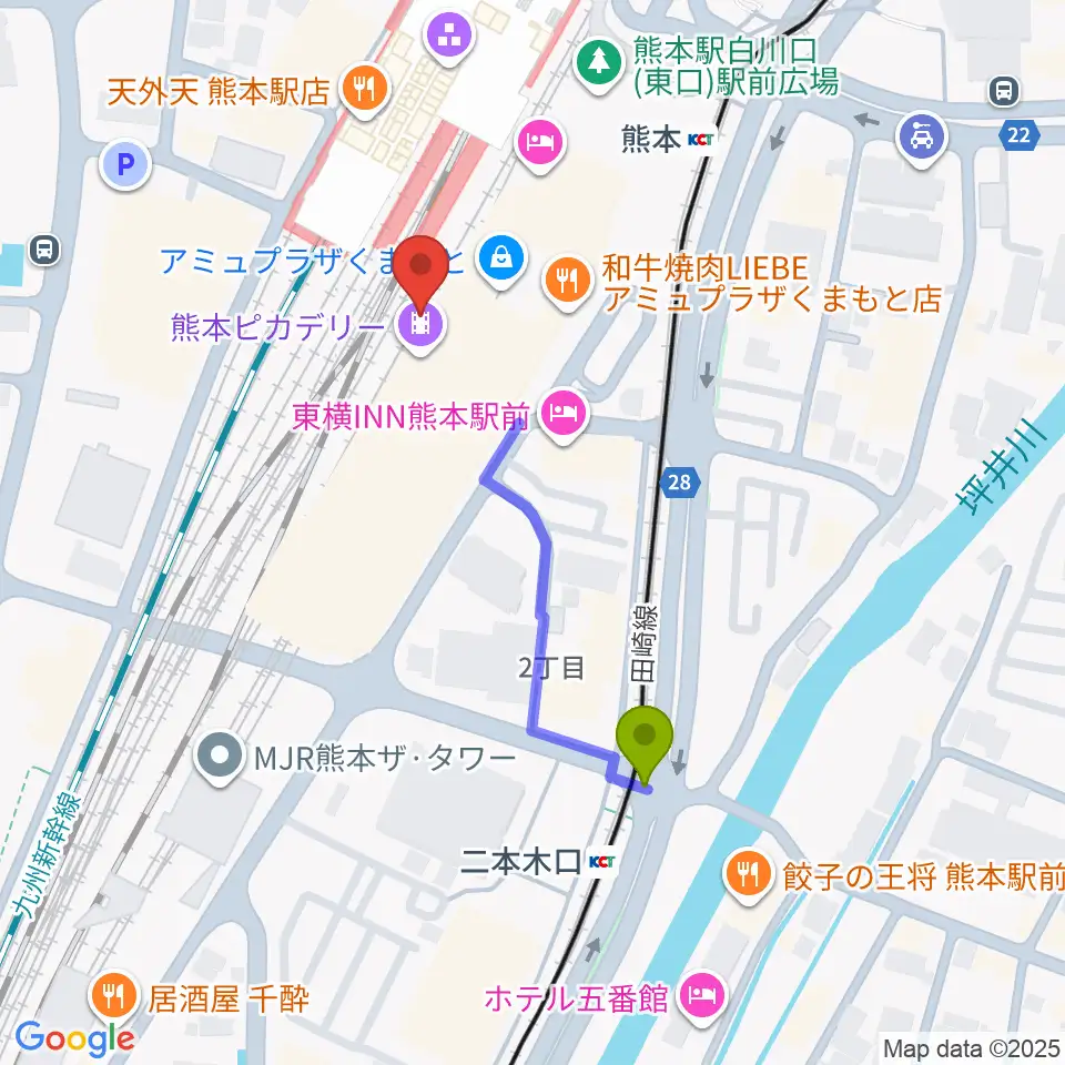 二本木口駅から熊本ピカデリーへのルートマップ地図