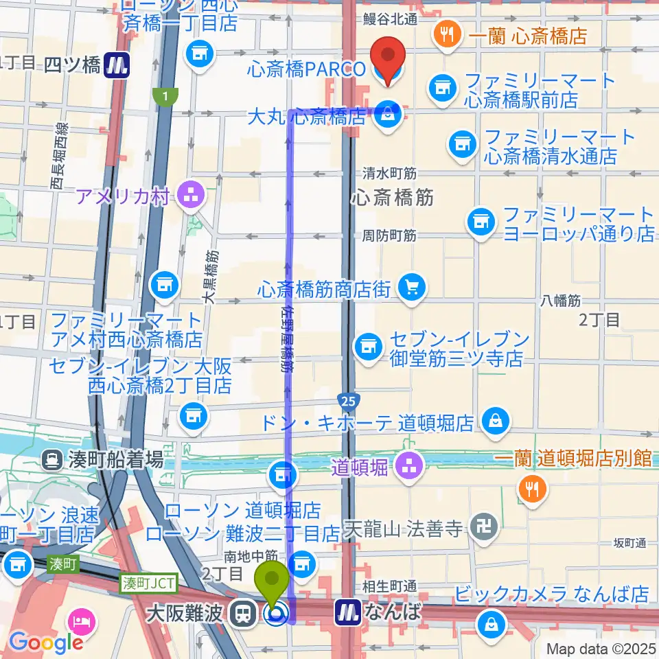 大阪難波駅からシアタス心斎橋へのルートマップ Mdata
