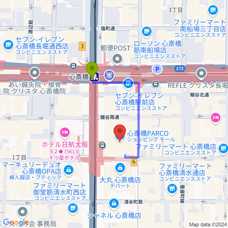 シアタス心斎橋の最寄駅心斎橋駅からの徒歩ルート（約2分）地図