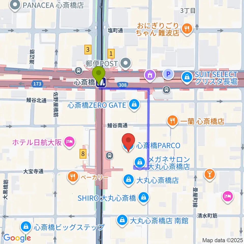 シアタス心斎橋の最寄駅心斎橋駅からの徒歩ルート（約2分）地図