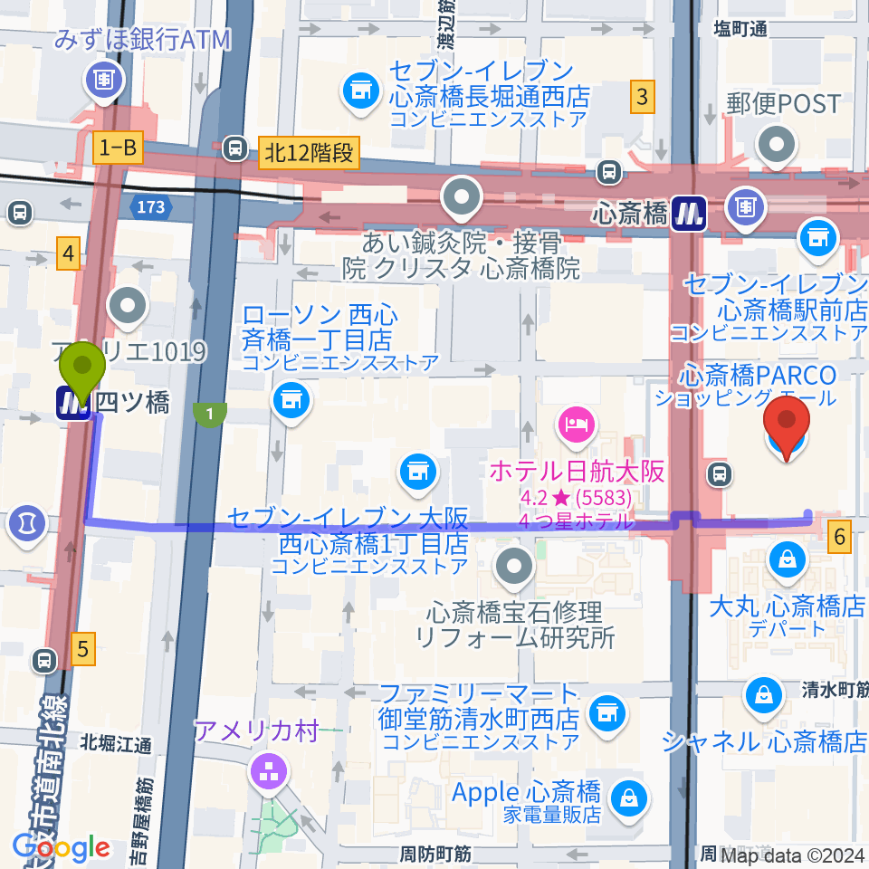 四ツ橋駅からシアタス心斎橋へのルートマップ地図