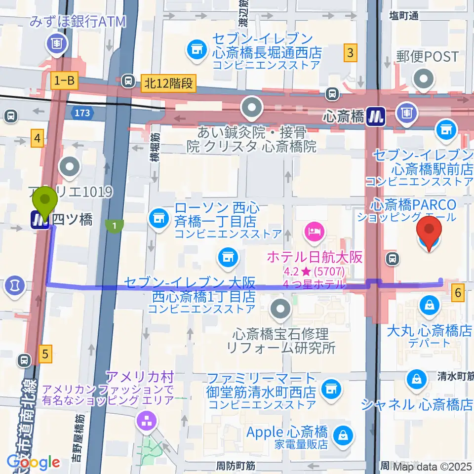 四ツ橋駅からシアタス心斎橋へのルートマップ地図