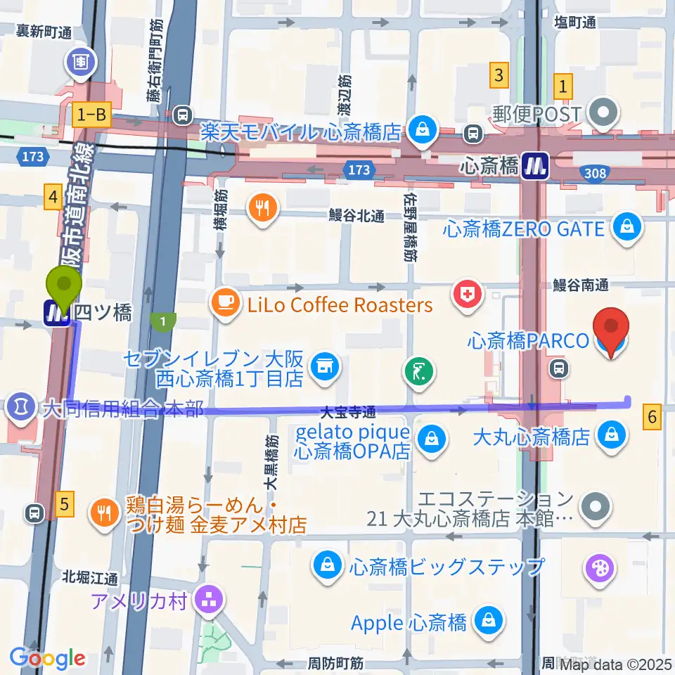 四ツ橋駅からシアタス心斎橋へのルートマップ地図
