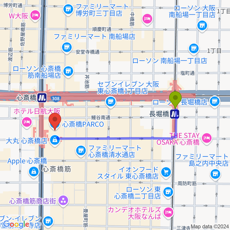 長堀橋駅からシアタス心斎橋へのルートマップ地図