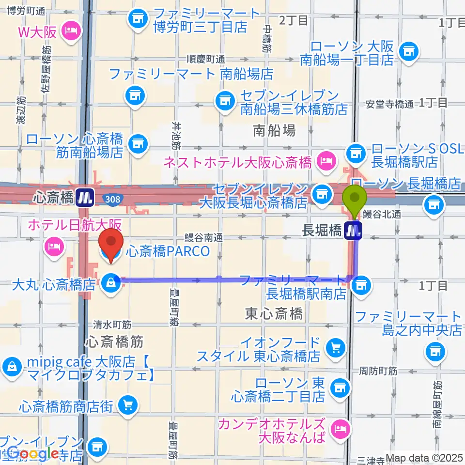 長堀橋駅からシアタス心斎橋へのルートマップ地図