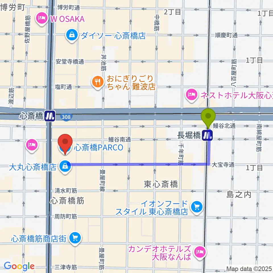 長堀橋駅からシアタス心斎橋へのルートマップ地図