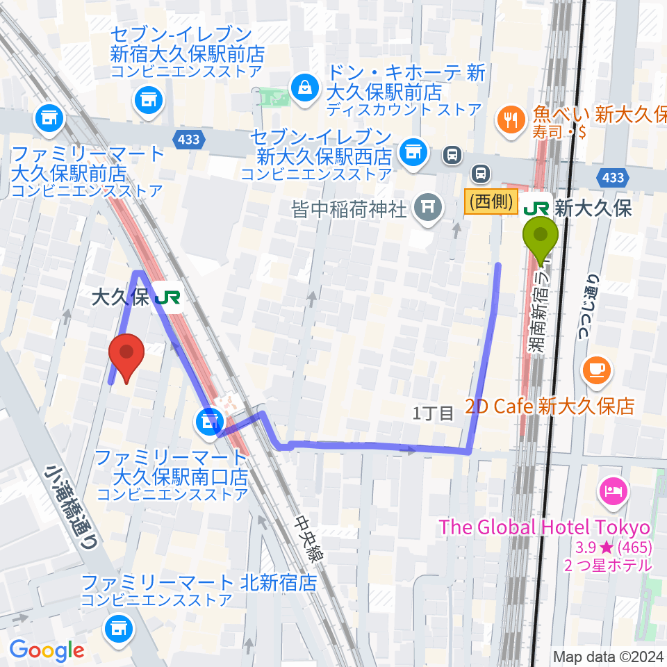 新大久保駅からON AIR 大久保スタジオへのルートマップ地図