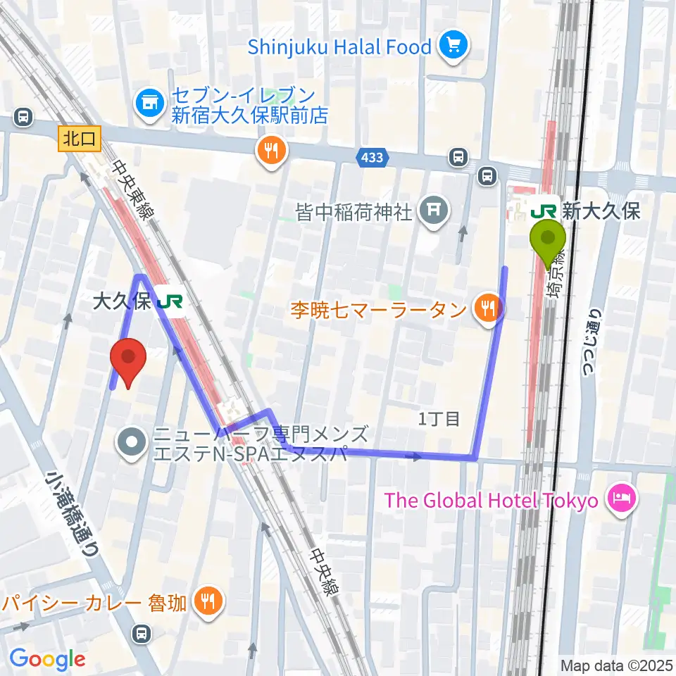 新大久保駅からON AIR 大久保スタジオへのルートマップ地図