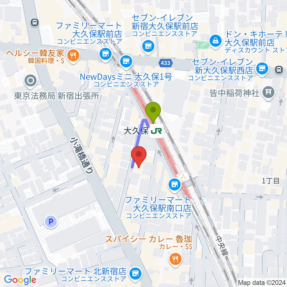 ON AIR 大久保スタジオの最寄駅大久保駅からの徒歩ルート（約1分）地図