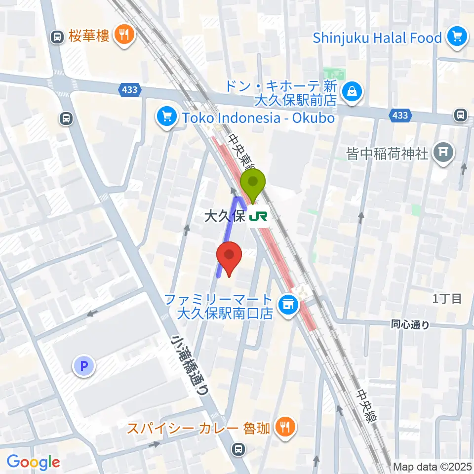 ON AIR 大久保スタジオの最寄駅大久保駅からの徒歩ルート（約1分）地図