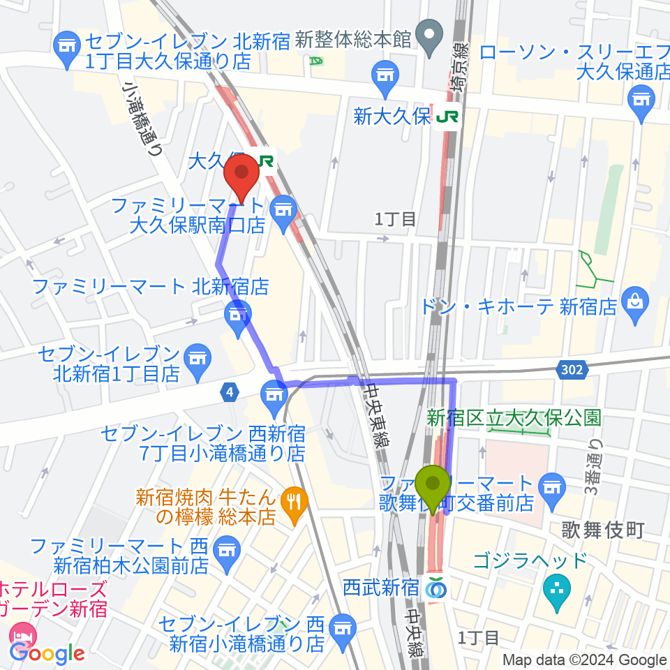 西武新宿駅からON AIR 大久保スタジオへのルートマップ地図