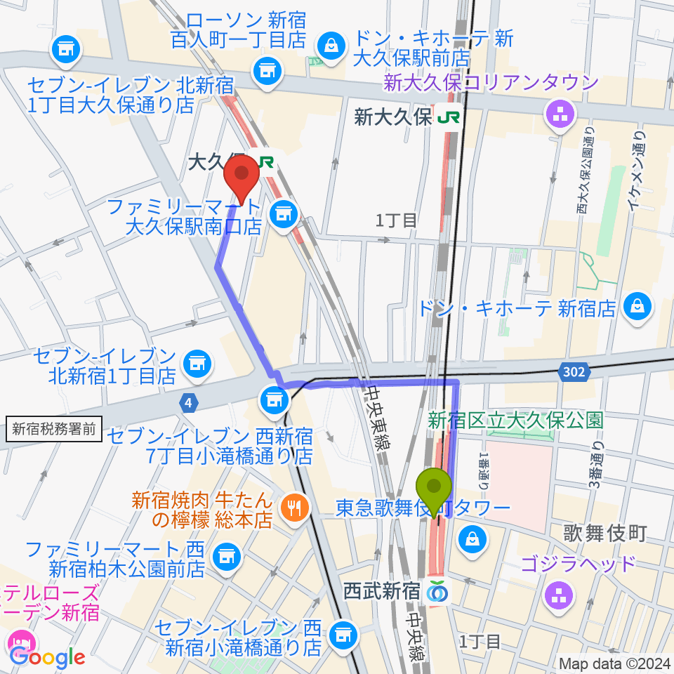 西武新宿駅からON AIR 大久保スタジオへのルートマップ地図