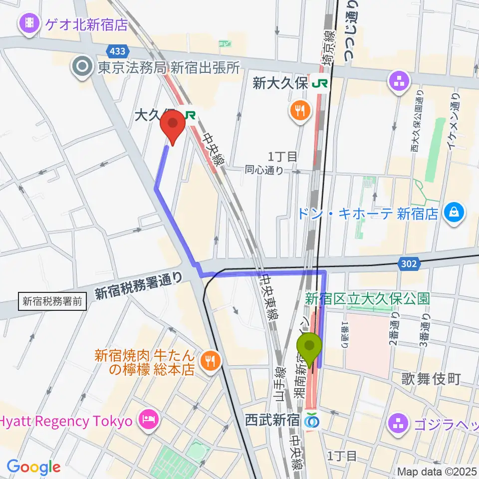 西武新宿駅からON AIR 大久保スタジオへのルートマップ地図