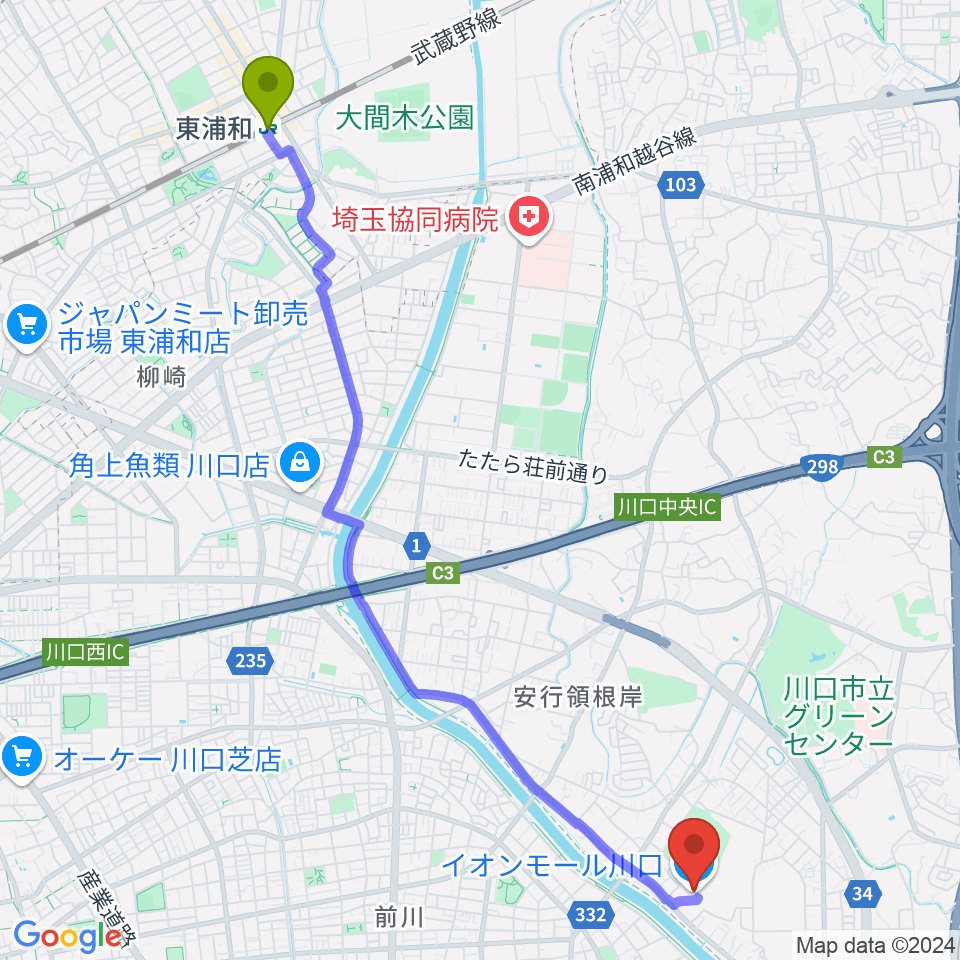 東浦和駅からイオンシネマ川口へのルートマップ Mdata