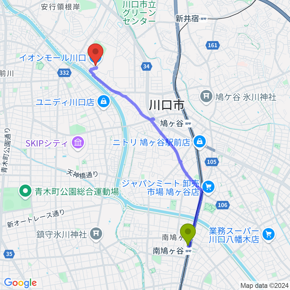 南鳩ヶ谷駅からイオンシネマ川口へのルートマップ地図