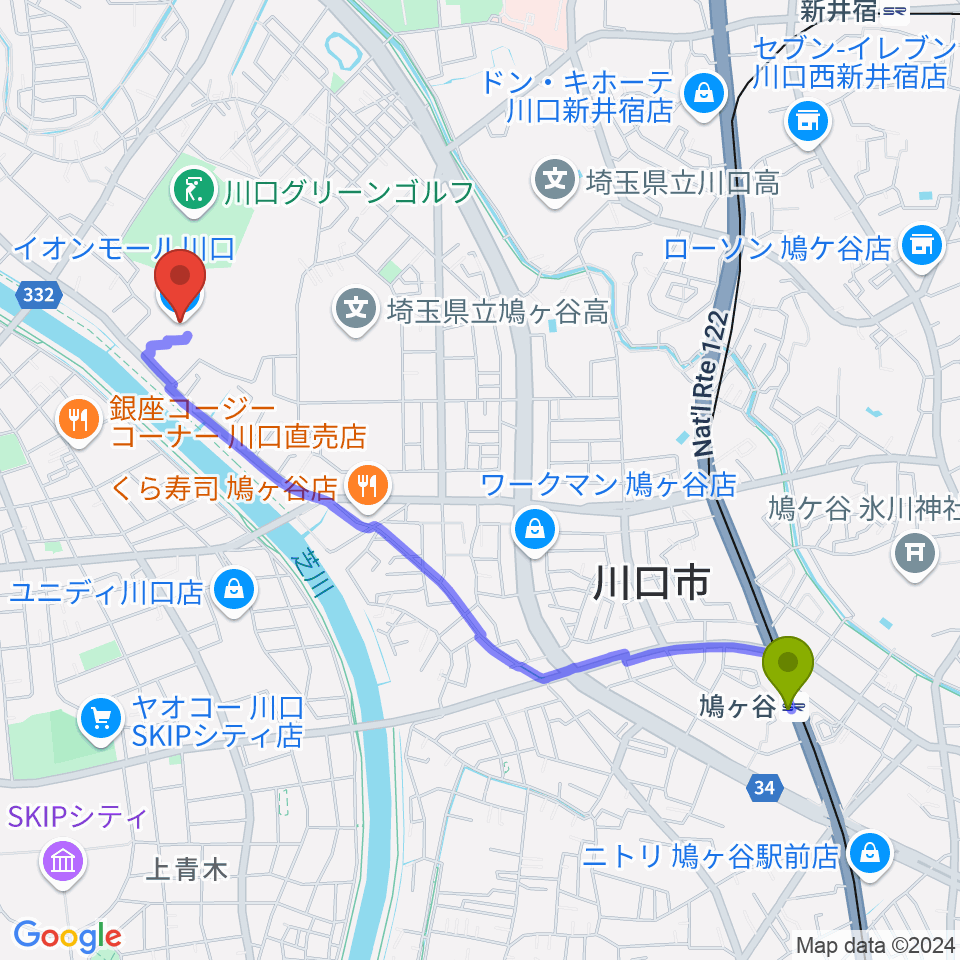 イオンシネマ川口の最寄駅鳩ヶ谷駅からの徒歩ルート（約23分）地図