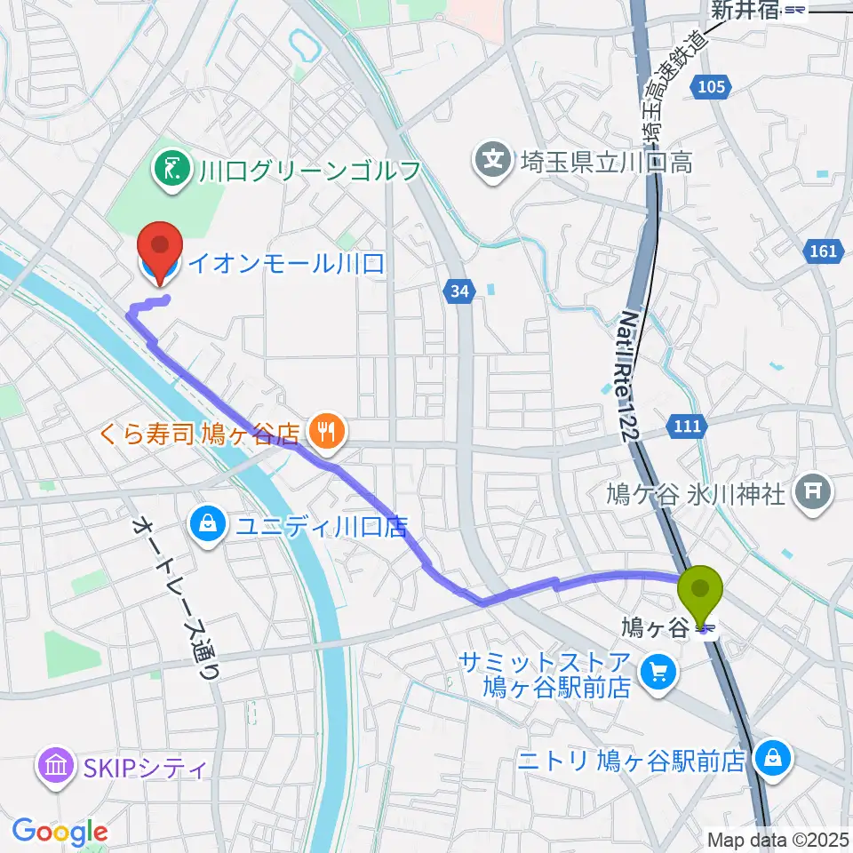 イオンシネマ川口の最寄駅鳩ヶ谷駅からの徒歩ルート（約23分）地図